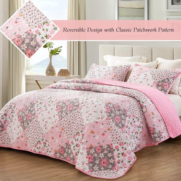 New Pink Floral Patchwork 3-Piece Bedding Quilt Set • Reversible  • KING - Picture 6 of 7
